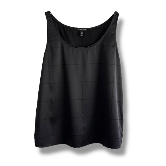 Eileen Fisher Windowpane Pattern Stretch Silk Tank Black SZ L - Picture 1 of 4